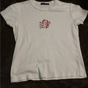 Brandy Melville White T-Shirt with Red Devil Embroidery